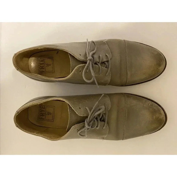 Frye Men’s Leather Dress Shoes Derby Sz 11 D Gray Beige Distressed Capped Toe - Picture 4 of 13